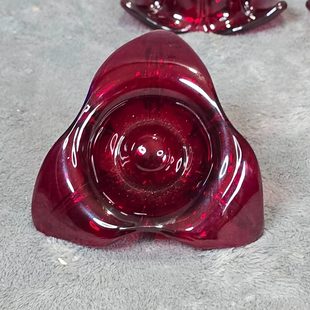 Vintage Ruby Red Glass Flower Candle Holders Set of 4 Star Shape Retro Decor